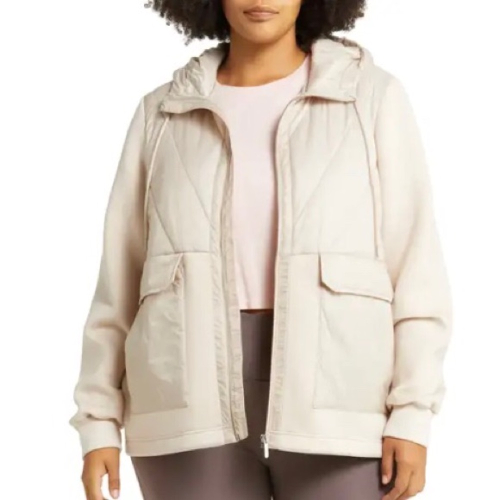 Zella Quilted Puffer Hooded Jacket 3x Cream Pockets Outdoor Sporty Casual